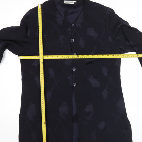 Janique Womens Black Floral Button Blouse Tunic Top M Long Sleeve