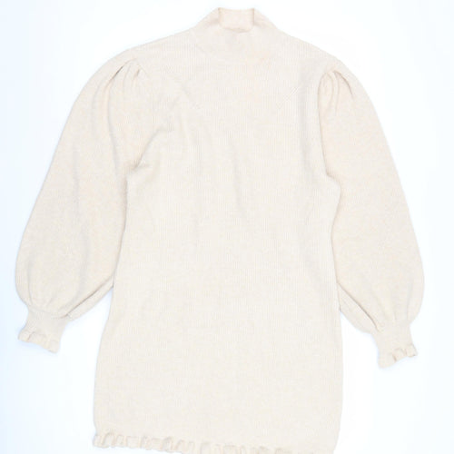 Miss Selfridge Womens Beige Mock Neck Jumper Size 12 Long Sleeve Puff