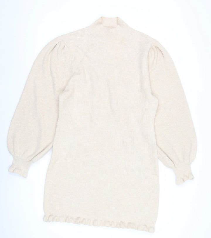 Miss Selfridge Womens Beige Mock Neck Jumper Size 12 Long Sleeve Puff