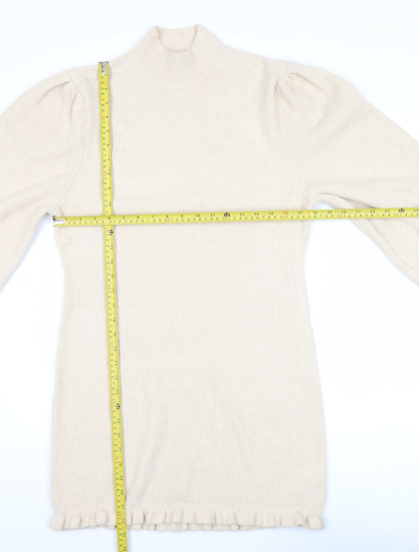 Miss Selfridge Womens Beige Mock Neck Jumper Size 12 Long Sleeve Puff