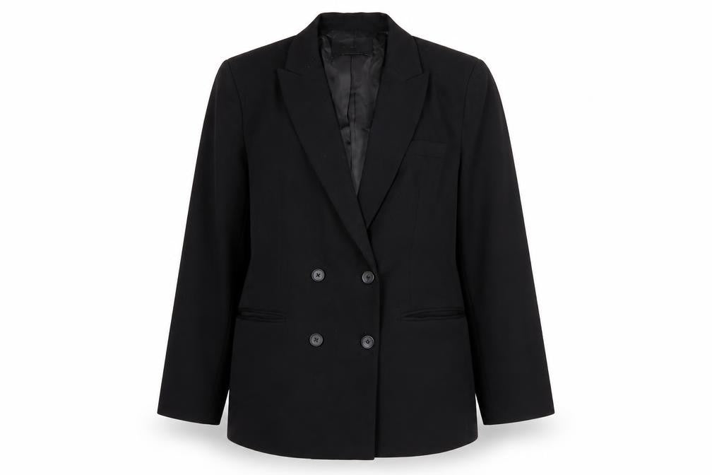 Front view of Stradivarius women’s black, size UK 12, double breasted blazer jacket