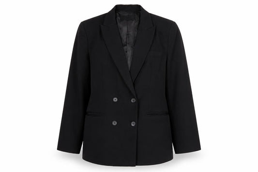 Front view of Stradivarius women’s black, size UK 12, double breasted blazer jacket