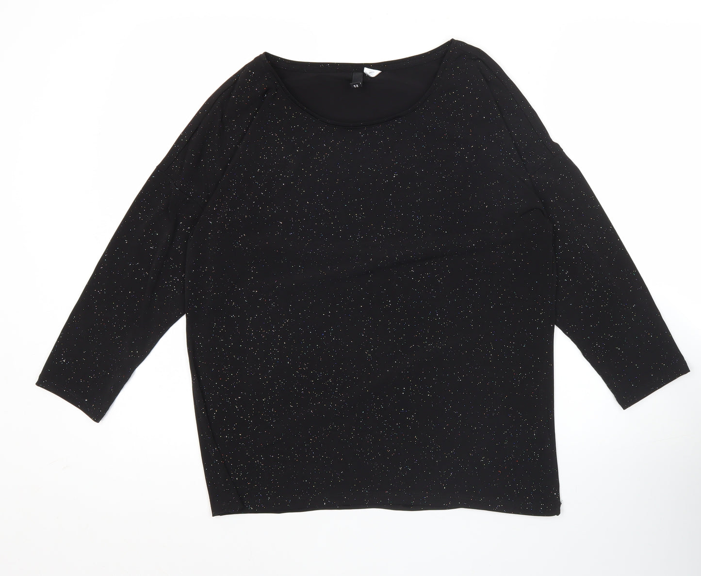 H&M Divided Womens Black Glitter T-Shirt Size 12 Scoop Neck 3/4 Sleeve