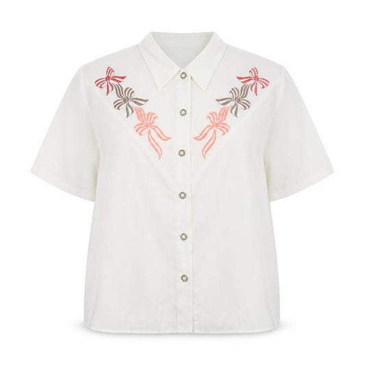 Front view of Hamells women’s ivory embroidered button-up shirt, size UK 12