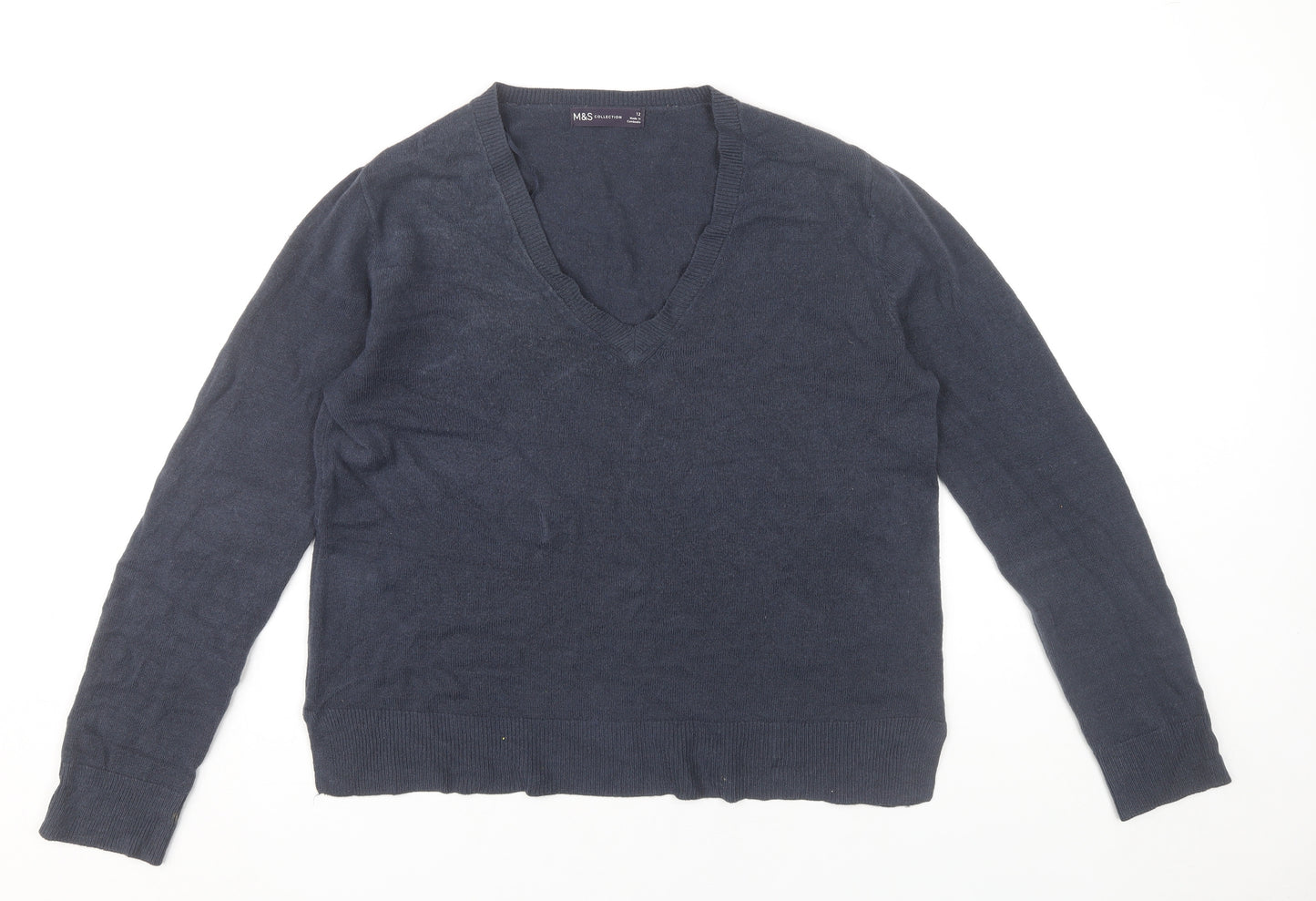 Marks and Spencer Womens Blue Size 12 V-Neck Acrylic Jumper