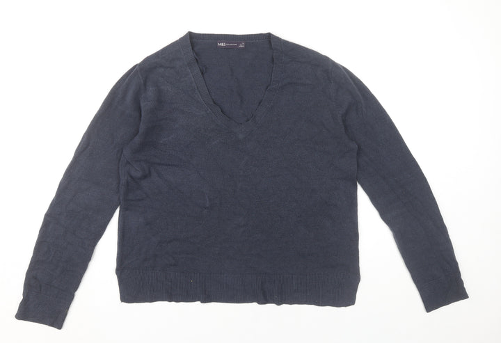 Marks and Spencer Womens Blue Size 12 V-Neck Acrylic Jumper
