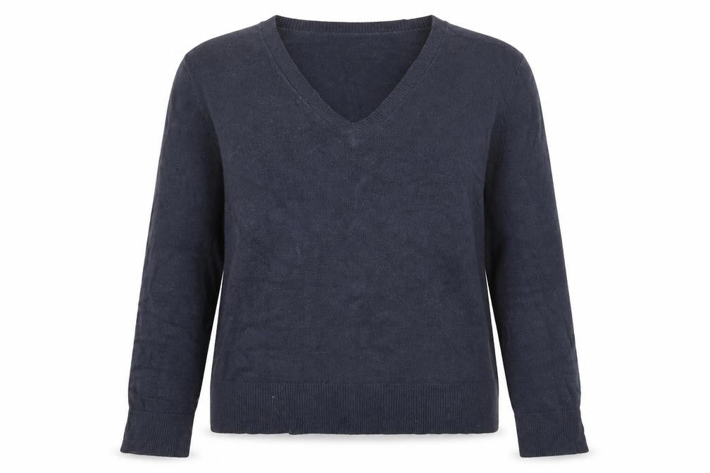 Front view of Marks & Spencer women’s blue, size UK 12, v-neck acrylic jumper