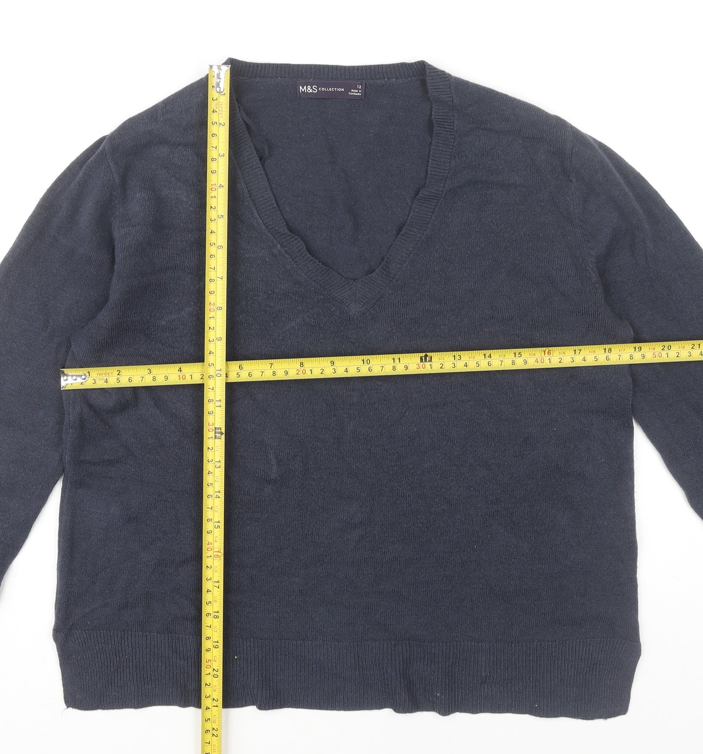 Marks and Spencer Womens Blue Size 12 V-Neck Acrylic Jumper