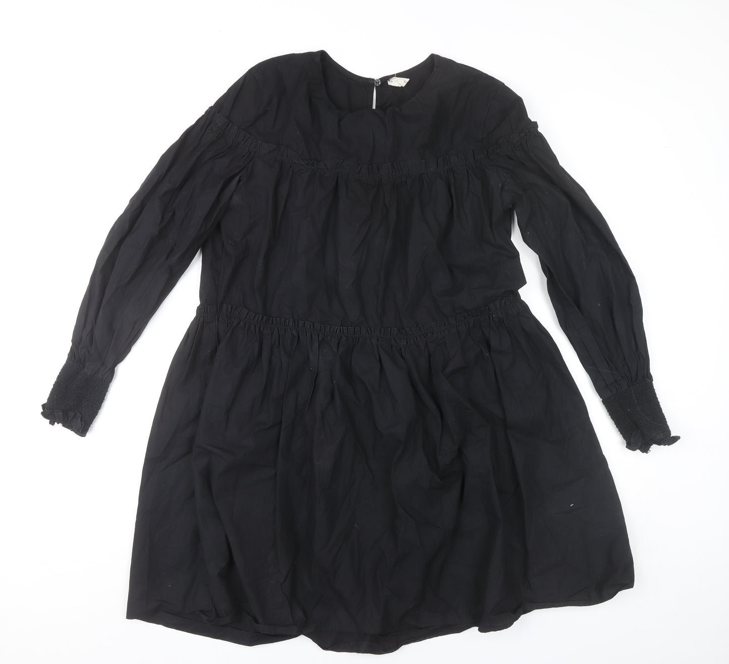 Mango Women’s Black Cotton Shift Dress Size 8 Long Sleeve Ruffle