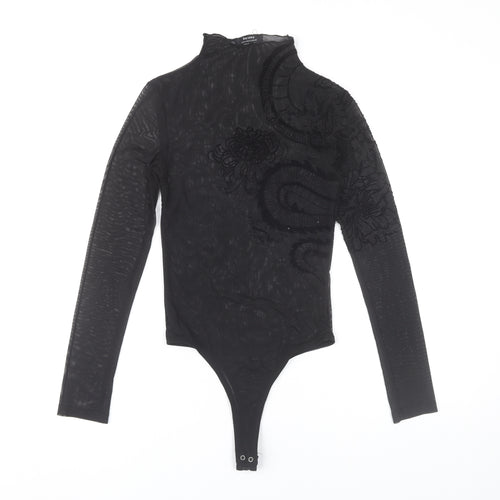 Bershka Women Black Sheer Embroidered Dragon Bodysuit Size S