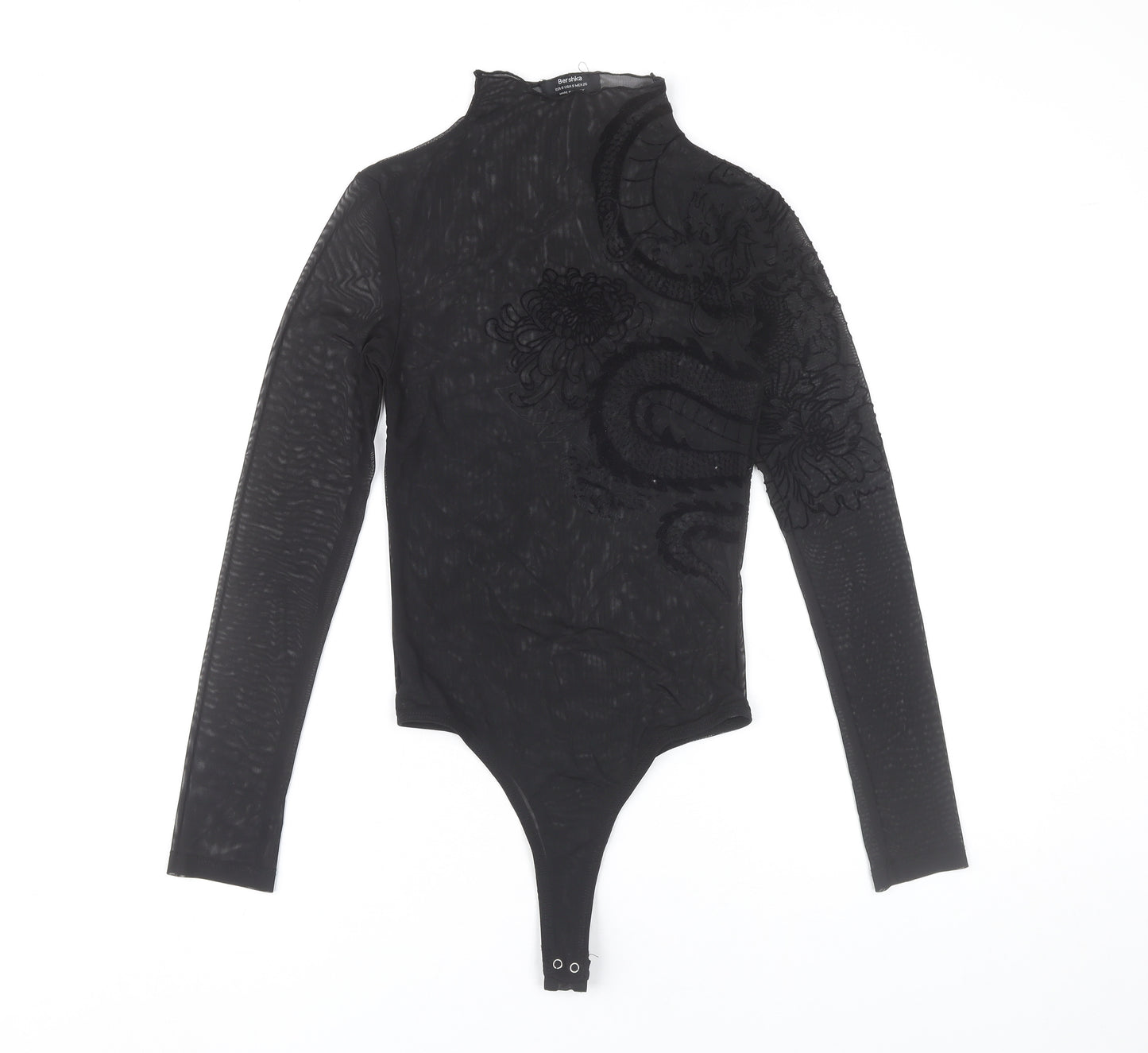 Bershka Women Black Sheer Embroidered Dragon Bodysuit Size S