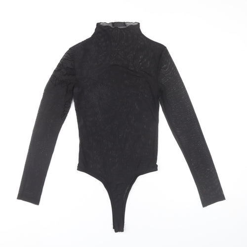 Bershka Women Black Sheer Embroidered Dragon Bodysuit Size S