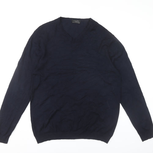 Zara Man Mens Blue XL V-Neck Pullover Jumper Long Sleeve Knit