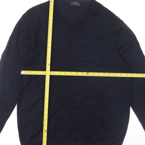 Zara Man Mens Blue XL V-Neck Pullover Jumper Long Sleeve Knit