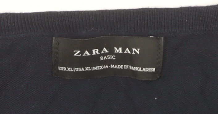 Zara Man Mens Blue XL V-Neck Pullover Jumper Long Sleeve Knit