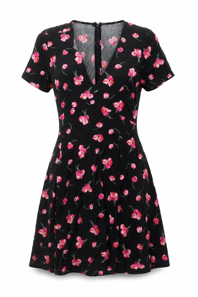 GAP Women’s Black Floral Fit & Flare V-Neck Knee Length Dress Size 8
