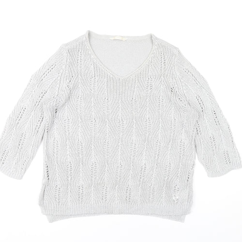 BHS Women Grey V-Neck Open-Knit Pullover Jumper Size 18