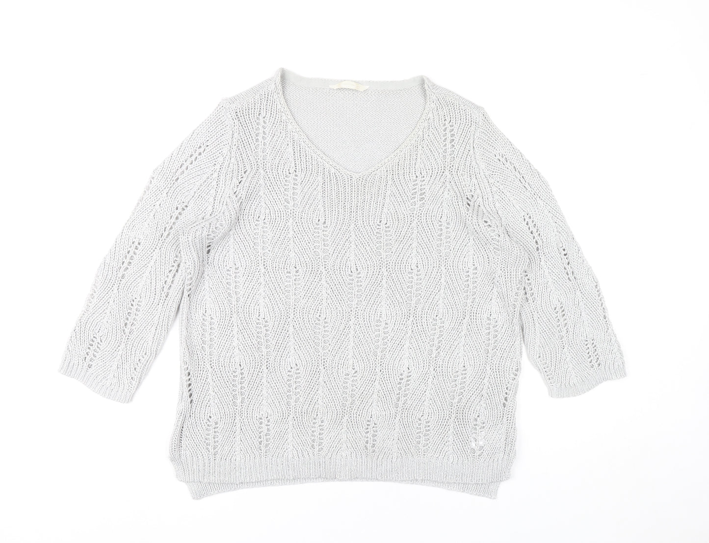 BHS Women Grey V-Neck Open-Knit Pullover Jumper Size 18