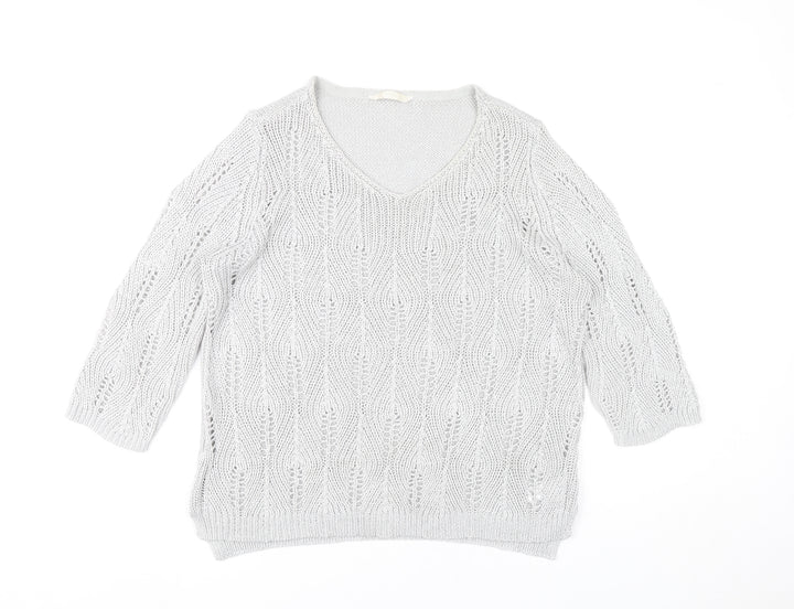 BHS Women Grey V-Neck Open-Knit Pullover Jumper Size 18
