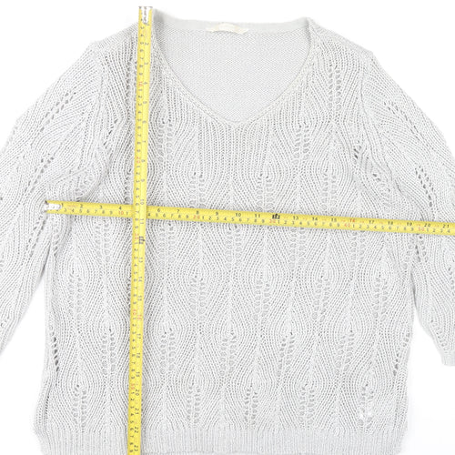 BHS Women Grey V-Neck Open-Knit Pullover Jumper Size 18