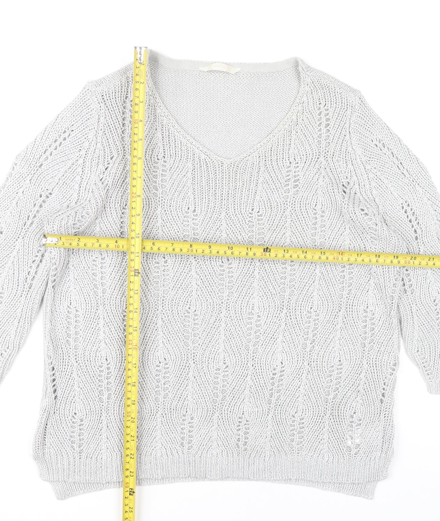 BHS Women Grey V-Neck Open-Knit Pullover Jumper Size 18