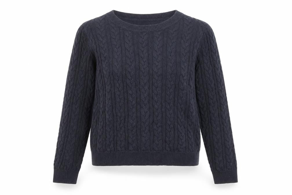 Front view of H&M women’s navy blue cable-knit jumper, size UK 12, cotton blend