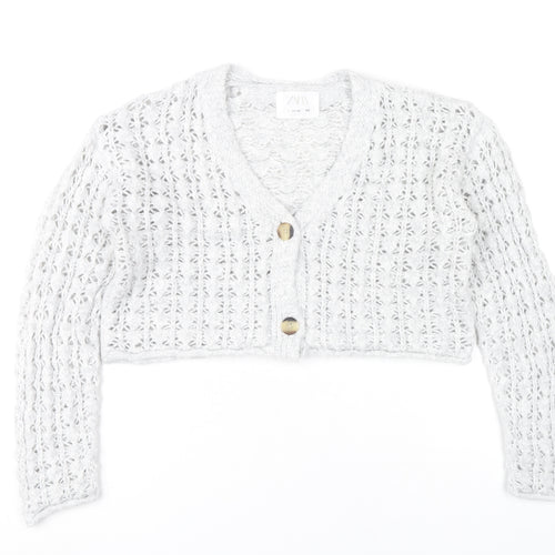 Zara Girls Grey Knit Button Cardigan Jumper 11-12 Years V-Neck Long Sleeve