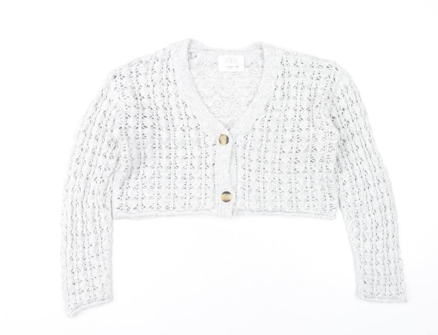 Zara Girls Grey Knit Button Cardigan Jumper 11-12 Years V-Neck Long Sleeve