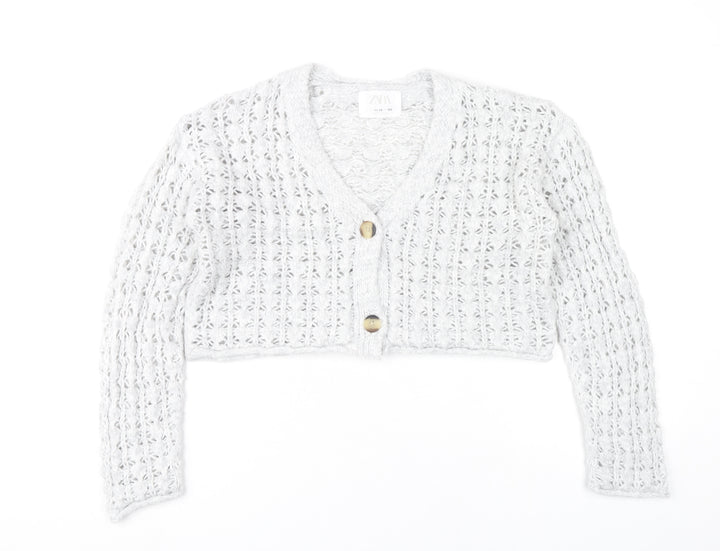 Zara Girls Grey Knit Button Cardigan Jumper 11-12 Years V-Neck Long Sleeve