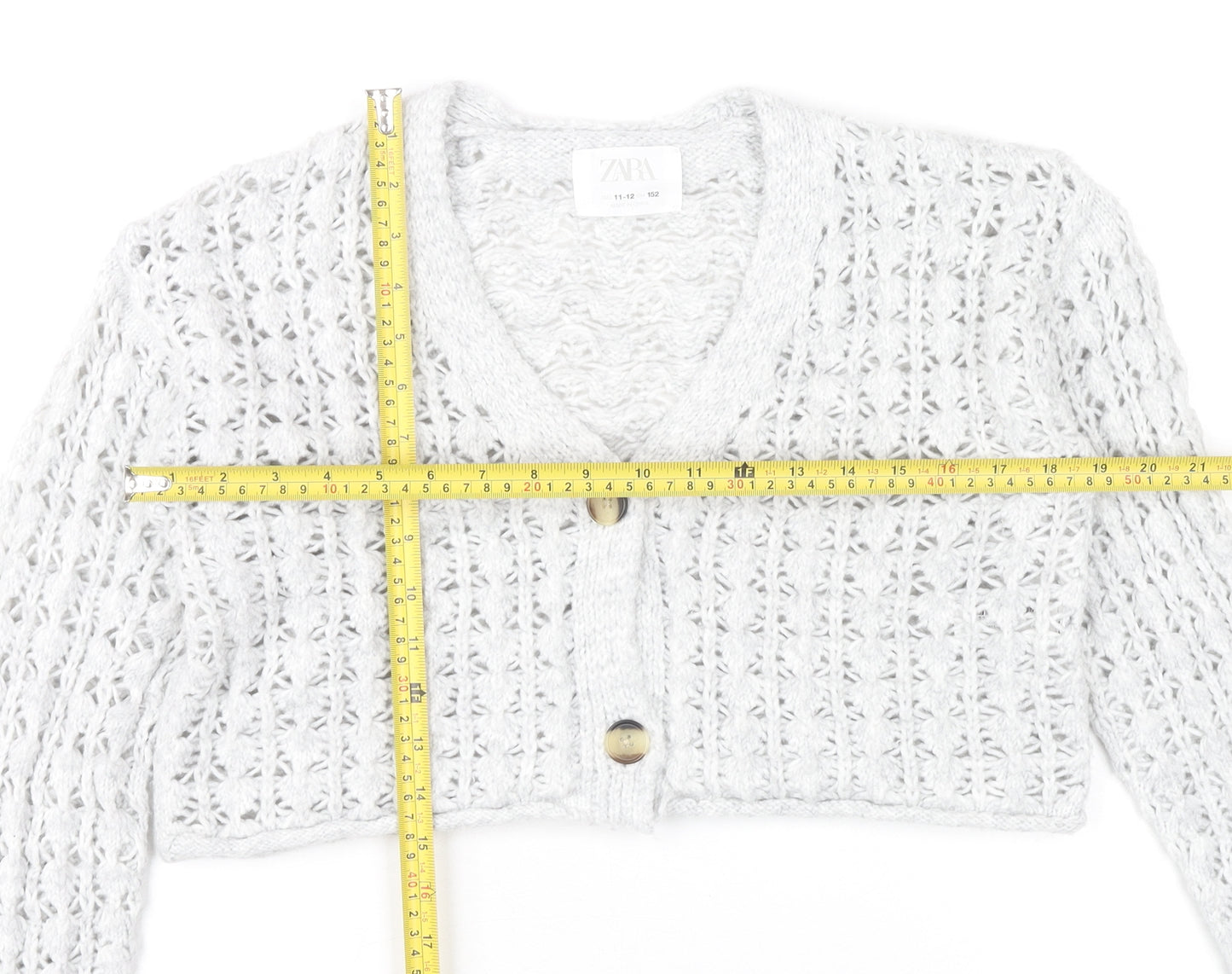 Zara Girls Grey Knit Button Cardigan Jumper 11-12 Years V-Neck Long Sleeve