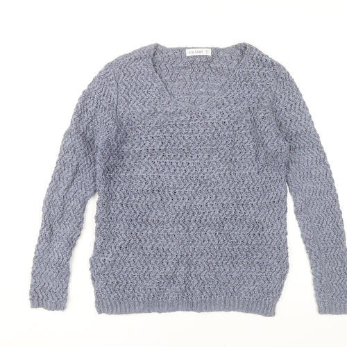 Gallery Women’s Grey V-Neck Open-Knit Jumper Size 12