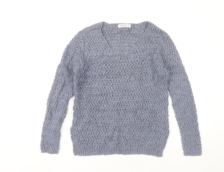 Gallery Women’s Grey V-Neck Open-Knit Jumper Size 12