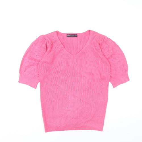 Marks and Spencer Women’s Pink Knit V-Neck Puff Sleeve Blouse Size 10