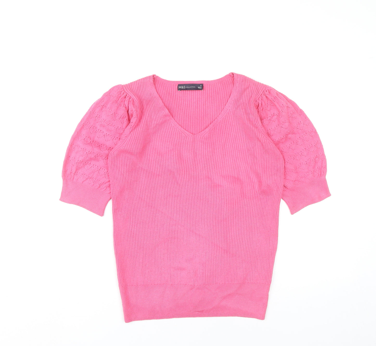 Marks and Spencer Women’s Pink Knit V-Neck Puff Sleeve Blouse Size 10