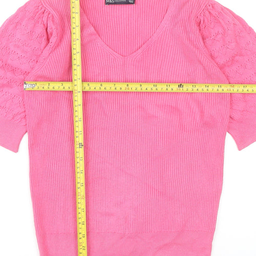 Marks and Spencer Women’s Pink Knit V-Neck Puff Sleeve Blouse Size 10