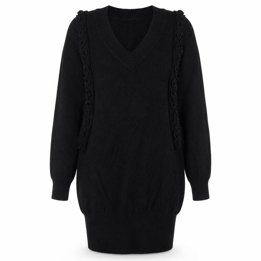 Front view of Marks & Spencer Women’s Black Jumper Dress, size UK 12, V-Neck Long Sleeve