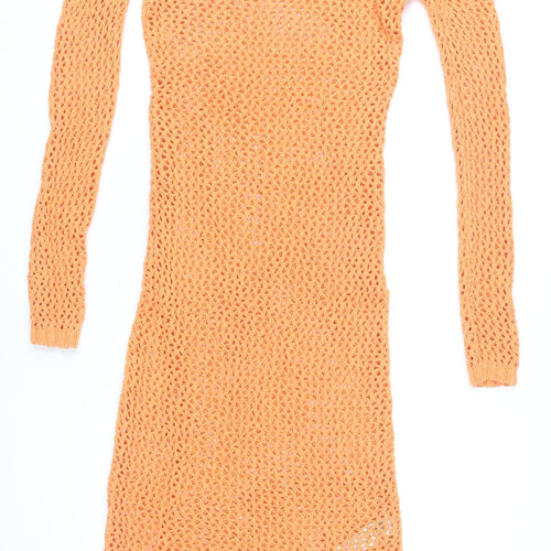 Zara Women Orange Knit Jumper Dress M Scoop Neck Long Sleeve