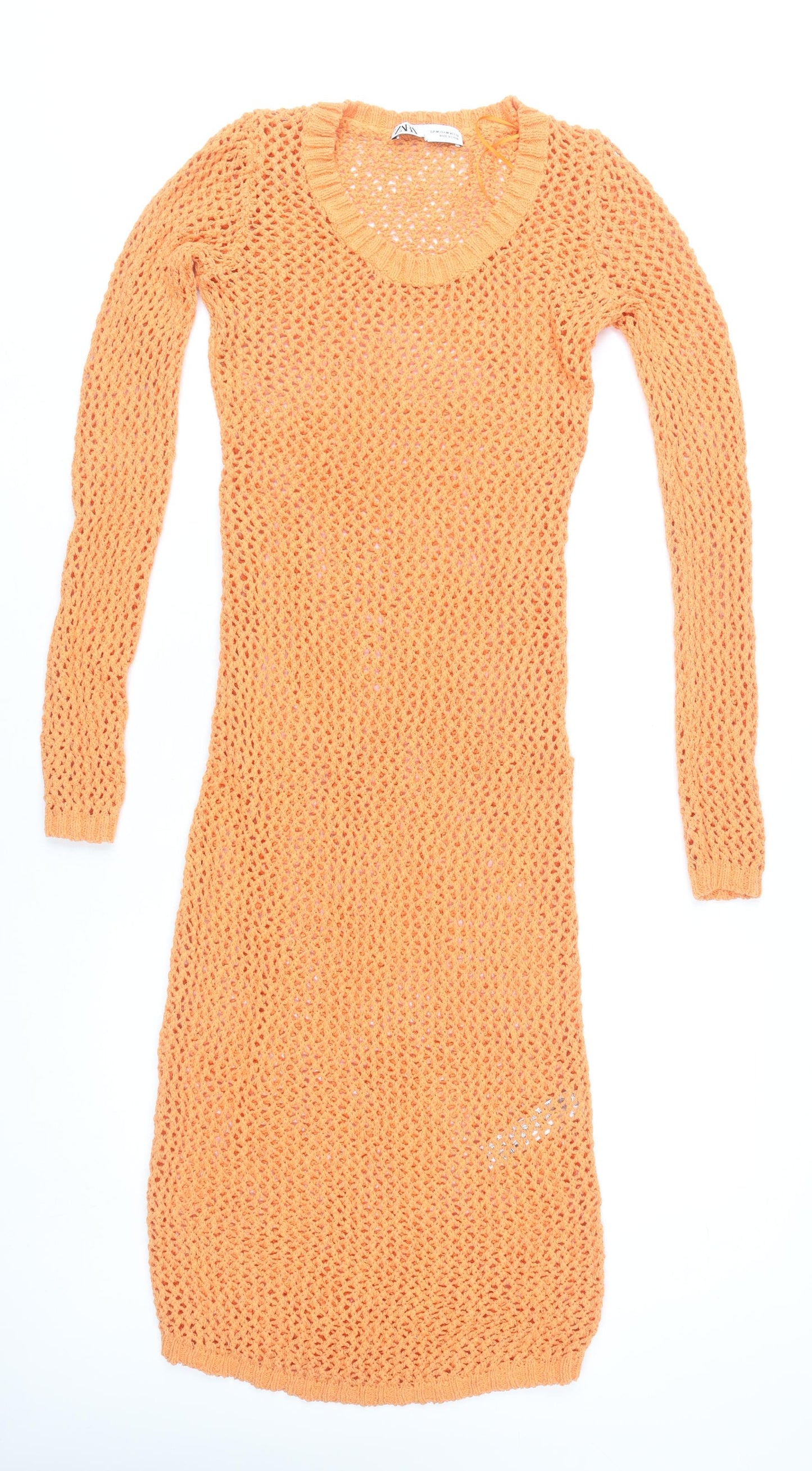 Zara Women Orange Knit Jumper Dress M Scoop Neck Long Sleeve