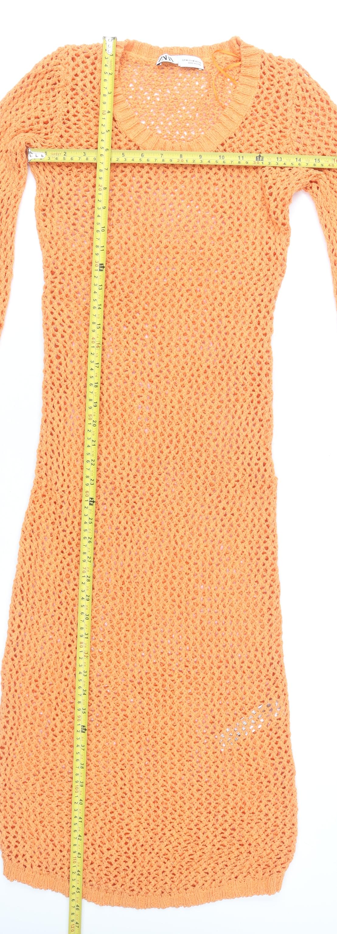 Zara Women Orange Knit Jumper Dress M Scoop Neck Long Sleeve