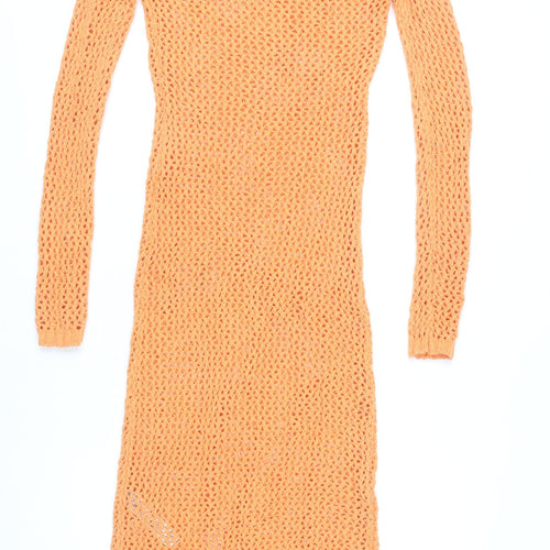 Zara Women Orange Knit Jumper Dress M Scoop Neck Long Sleeve