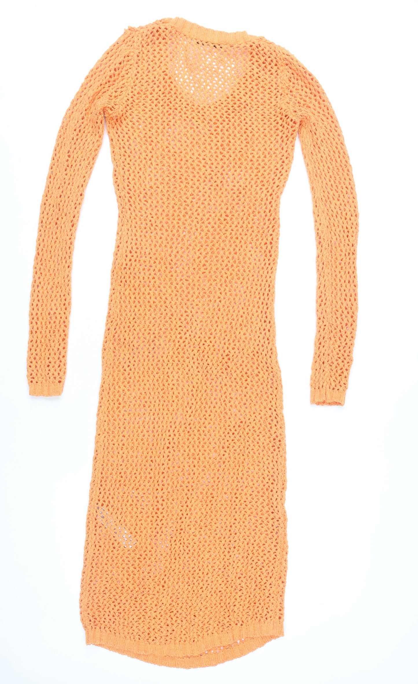Zara Women Orange Knit Jumper Dress M Scoop Neck Long Sleeve