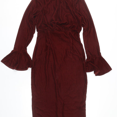 ASOS Women’s Red Velvet Midi Sheath Dress Size 6 Long Bell Sleeves