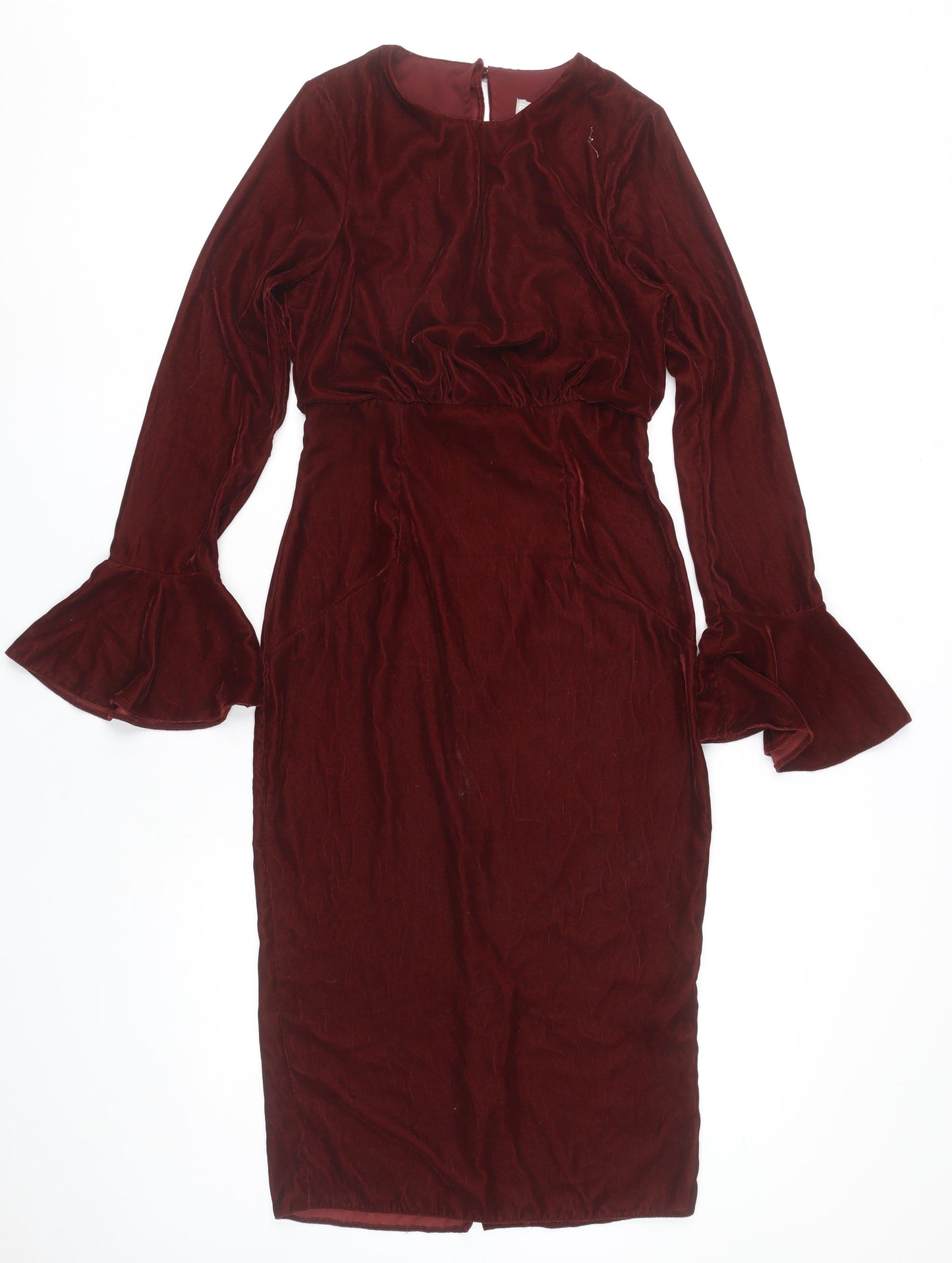 ASOS Women’s Red Velvet Midi Sheath Dress Size 6 Long Bell Sleeves
