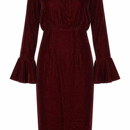 ASOS Women’s Red Velvet Midi Sheath Dress Size 6 Long Bell Sleeves