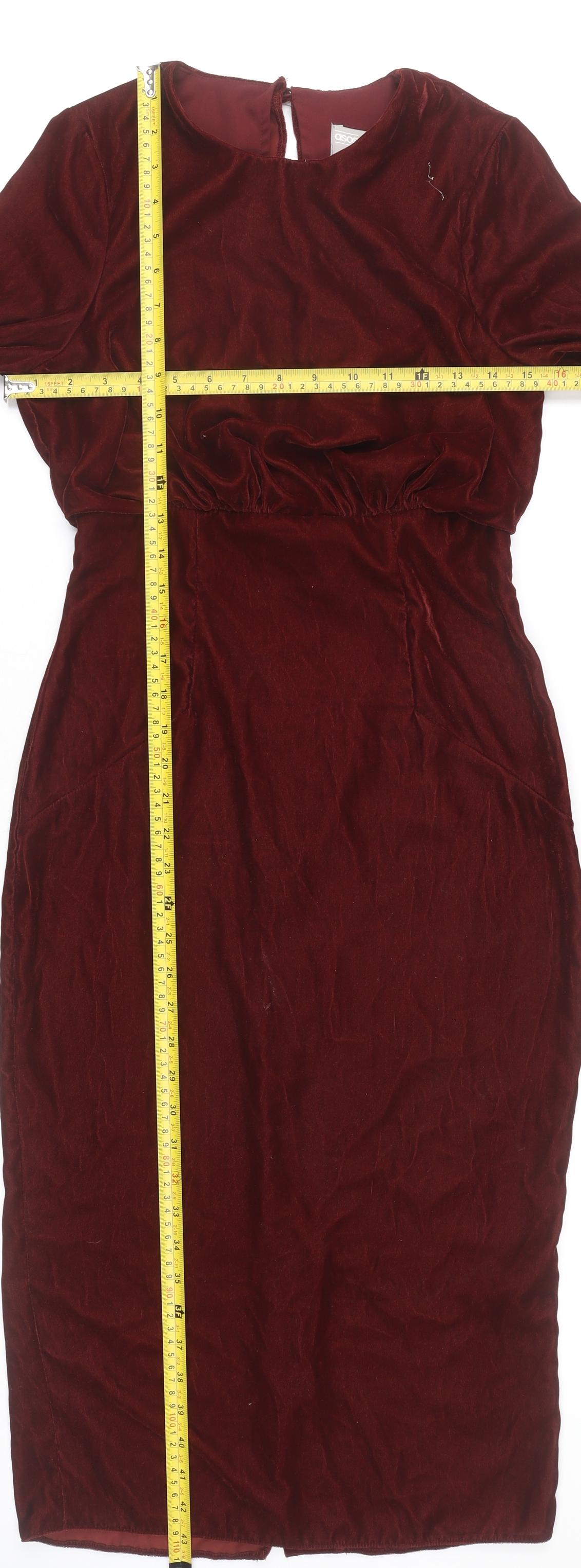 ASOS Women’s Red Velvet Midi Sheath Dress Size 6 Long Bell Sleeves