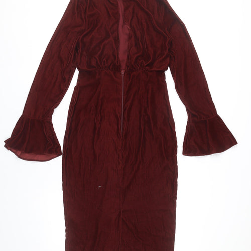 ASOS Women’s Red Velvet Midi Sheath Dress Size 6 Long Bell Sleeves
