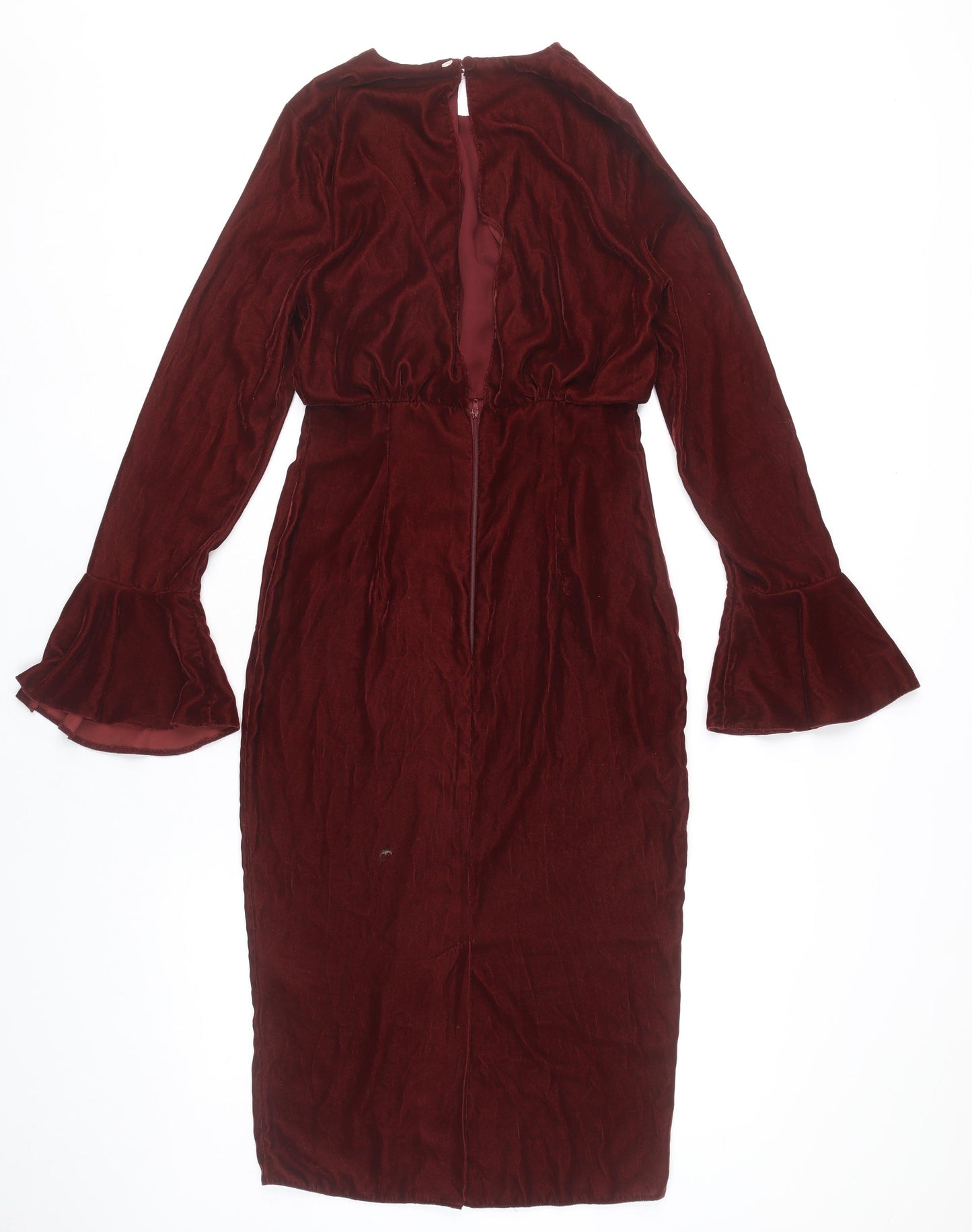 ASOS Women’s Red Velvet Midi Sheath Dress Size 6 Long Bell Sleeves