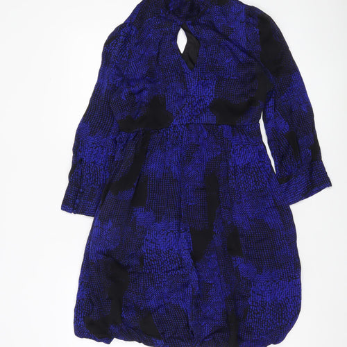 Warehouse Women’s Blue Silk Keyhole Neck Bubble Hem Dress UK 10