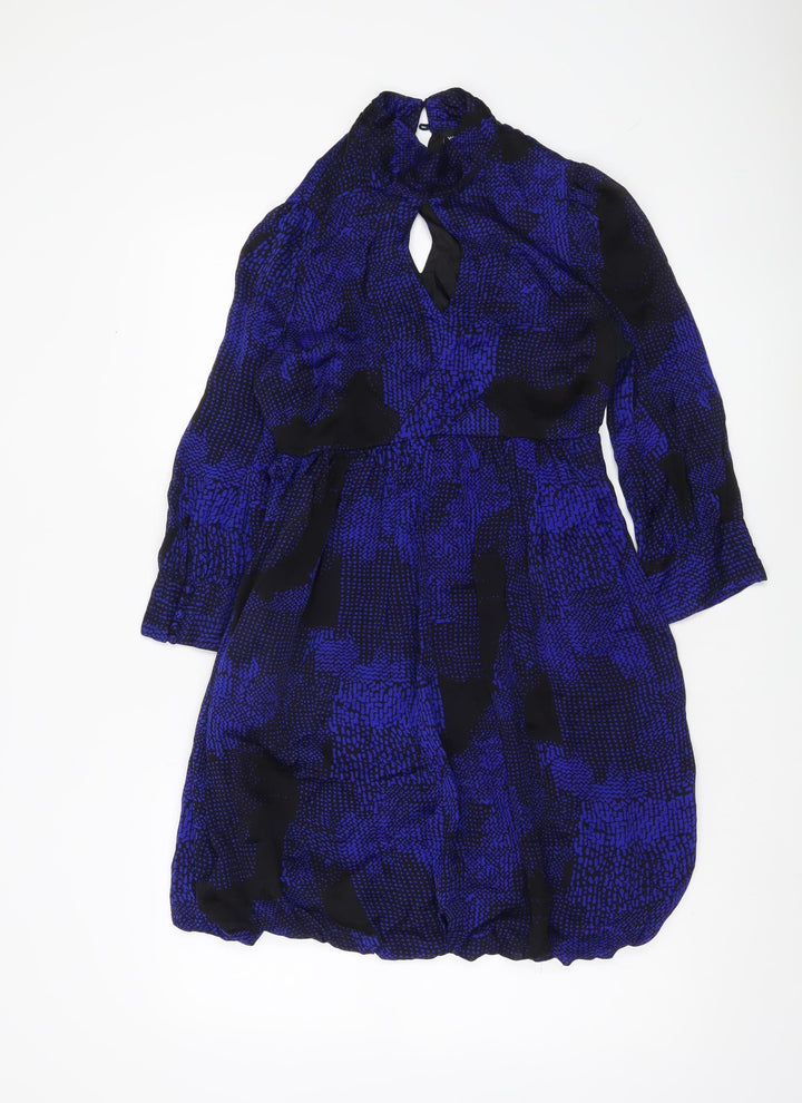 Warehouse Women’s Blue Silk Keyhole Neck Bubble Hem Dress UK 10