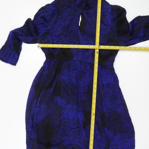Warehouse Women’s Blue Silk Keyhole Neck Bubble Hem Dress UK 10